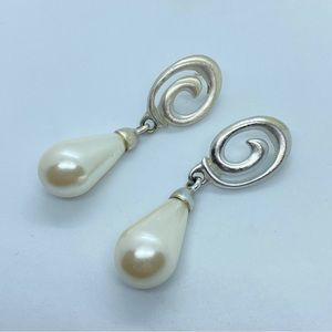 Vintage Anne Klein Silver Tone Faux Pearl Dangle Pierce Earrings
